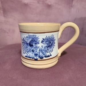 East Knoll Pottery Yellow Ware Mocha Mug Blue Seaweed Pattern